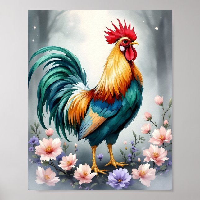 Poster Coq et fleurs Digital (Devant)