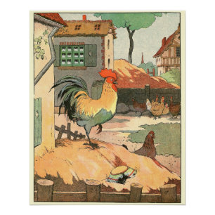 Poster Coq et poules dans le triage agricole
