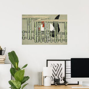Poster Coq Japonais Vintage Derrière une Clôture en Bambo