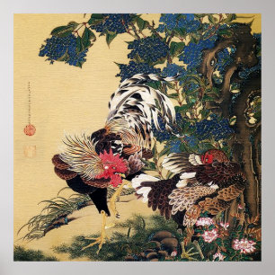 Poster Coq Poule et Hydrangea par Ito Jakuchu