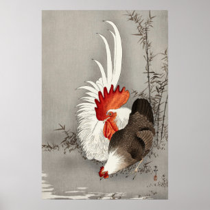 Poster Coq vintage et poulet Art japonais