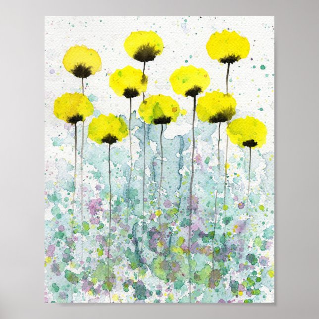 Poster Coquelicots sarcelle et gris, Mur de fleurs à l'aq (Devant)