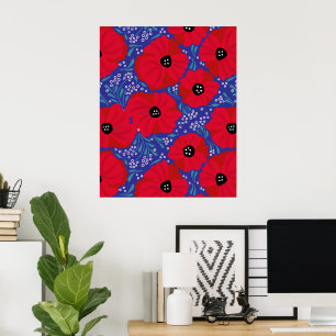 Poster Coquelicots sur fond violet illustrés à la main 
