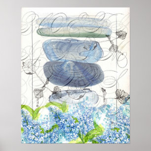Poster Coques de mer Lilacs bleu Aquarelle Fleurs Collage