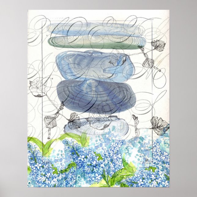 Poster Coques de mer Lilacs bleu Aquarelle Fleurs Collage (Devant)