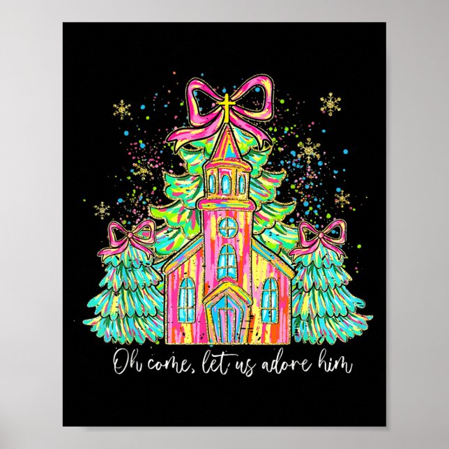 Poster Coquette Bow Christmas Tree Jesus Oh Come Let Us A (Devant)