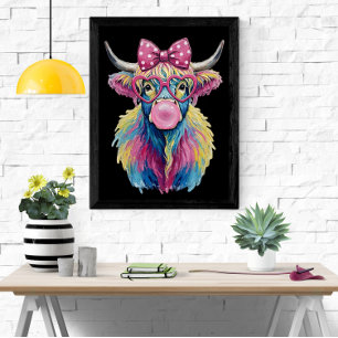 Poster Coquette colorée Vache Highland avec lunettes et b
