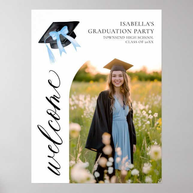 Poster Coquette de graduation moderne Blue Bow Bienvenue (Devant)