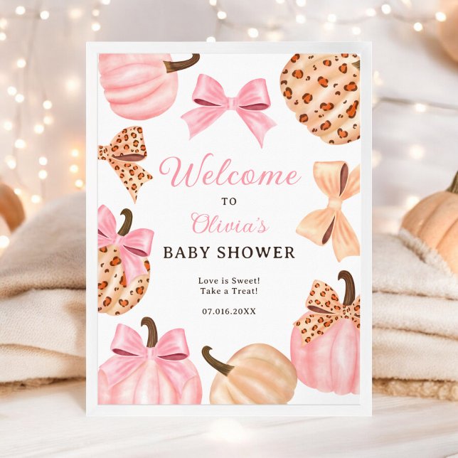 Poster Coquette Pink Bow Citrouille baby shower bienvenue (Coquette Pink Bow Pumpkin baby shower welcome Poster)