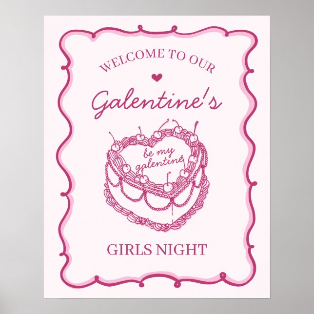 Poster Coquette rose gâteau aux cerises Galentines Accuei (Devant)