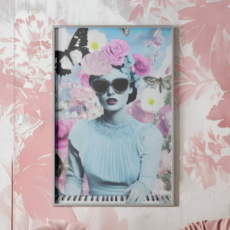 Poster Coquette Style rose et bleu Retro Pop Art Collage
