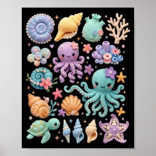 Poster Coquettes Vie Marine Kawaii Méduse Pieuvre Plage