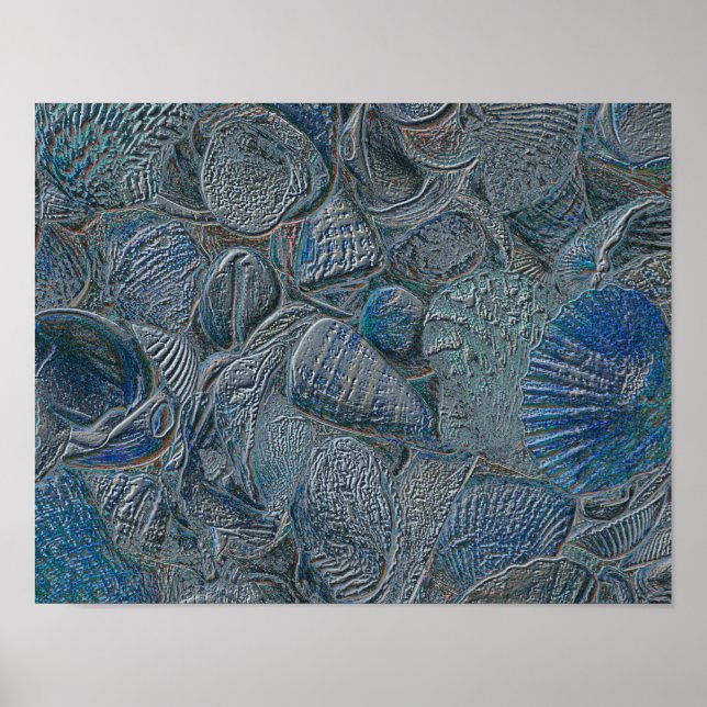 Poster Coquillages Océan Plage Bleu Métal Thème Nautique (Devant)
