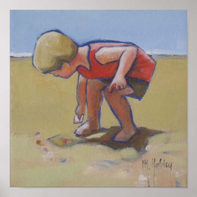 Poster Coquille de garçon de plage de sable à la recherch (Devant)
