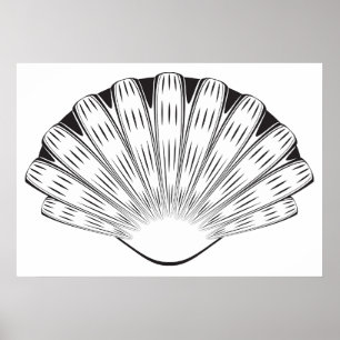 Poster Coquille Saint-Jacques Coquillage Minimaliste Noir
