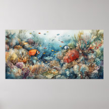 Corail et poissons aquarelle