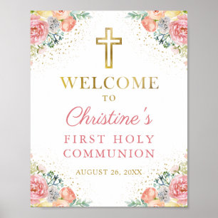 Poster Corail rose Floral Première Communion Sainte Bienv