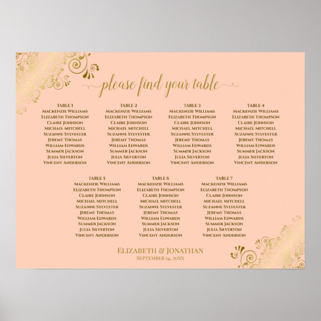 Poster Coral Peach & Gold 7 Table Mariage Sein Graphique (Devant)