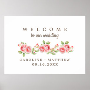 Poster Coral Pink Watercolor Floral Wedding Welcome