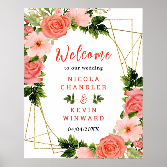 Poster Coral Red Roses with Foliage (Devant)