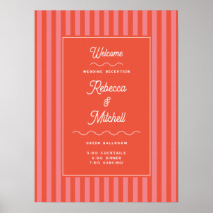 Poster Coral Red Stripe Vintage Mariage Bienvenue