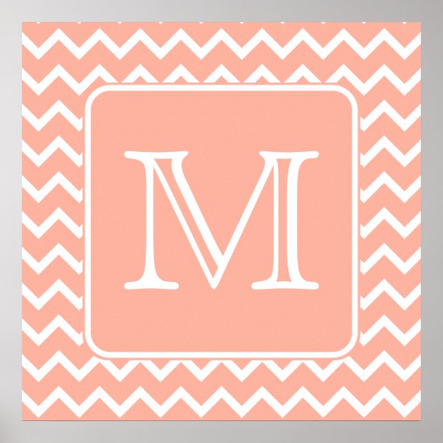 Poster Coral rose et blanc Chevron avec Monogramme person (Devant)