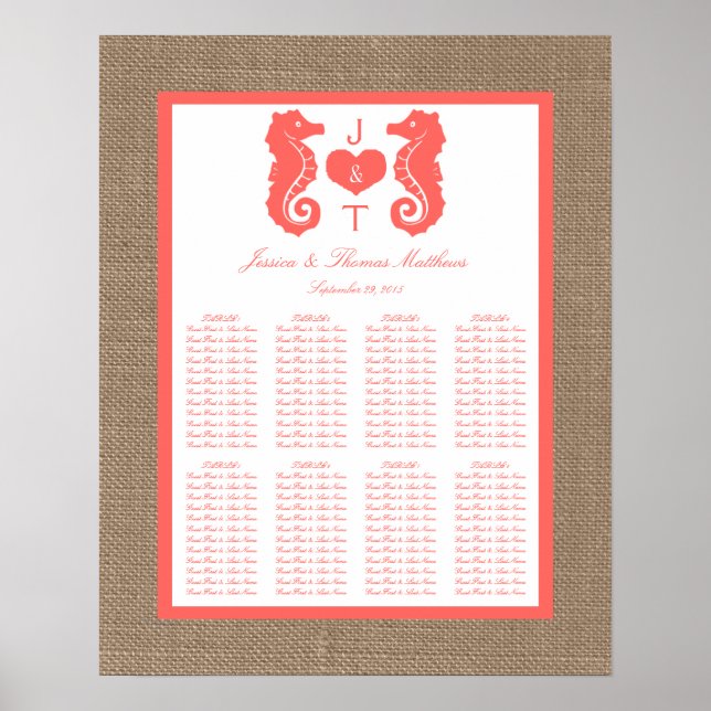 Poster Coral Seahors Burlap Beach Wedding Collection (Devant)