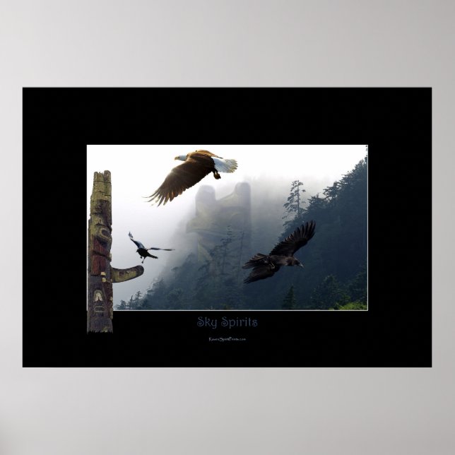 Poster Corbeau, aigle et mât totémique d'art haïda (Devant)