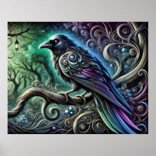 Poster Corbeau aux plumes iridescentes dans une forêt enc