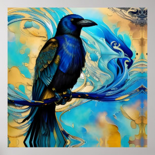 Poster Corbeau bleu noir sur bleu et or abstrait