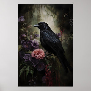 Poster Corbeau dans une forêt florale morose imprimable,