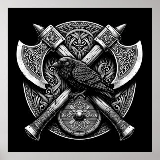 Poster Corbeau et Axes - Norse Warrior Shield Wall Art