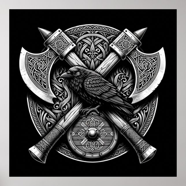 Poster Corbeau et Axes - Norse Warrior Shield Wall Art (Devant)
