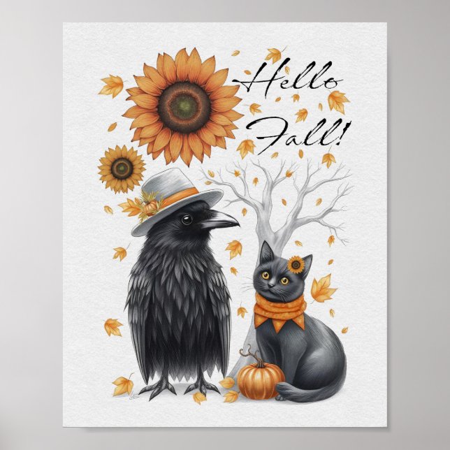 Poster Corbeau et chat Automne Thanksgiving Crow (Devant)