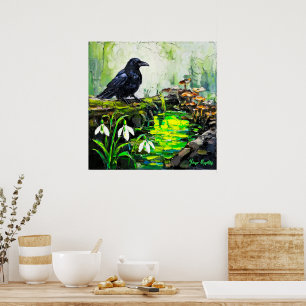 Poster Corbeau noir et ruisseau forestier luisant Peintur