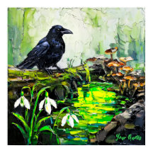 Corbeau noir et ruisseau forestier luisant Peintur
