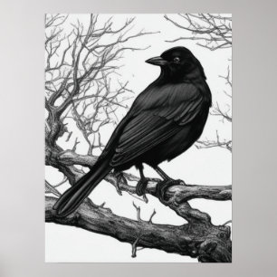 Poster Corbeau perché sur des branches nues d'hiver