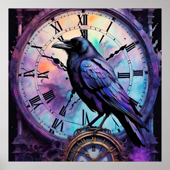 Poster Corbeau sur l'horloge aquarelle (Devant)
