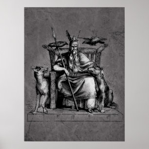 Poster Corbeaux d'Odin sur son trône de pierre mythologie
