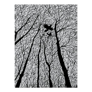 Poster Corbeaux en Silhouette dans les Arbres d'Hiver