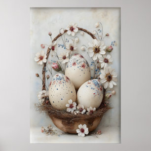Poster Corbeille de fleurs de Pâques vintage avec œufs, I