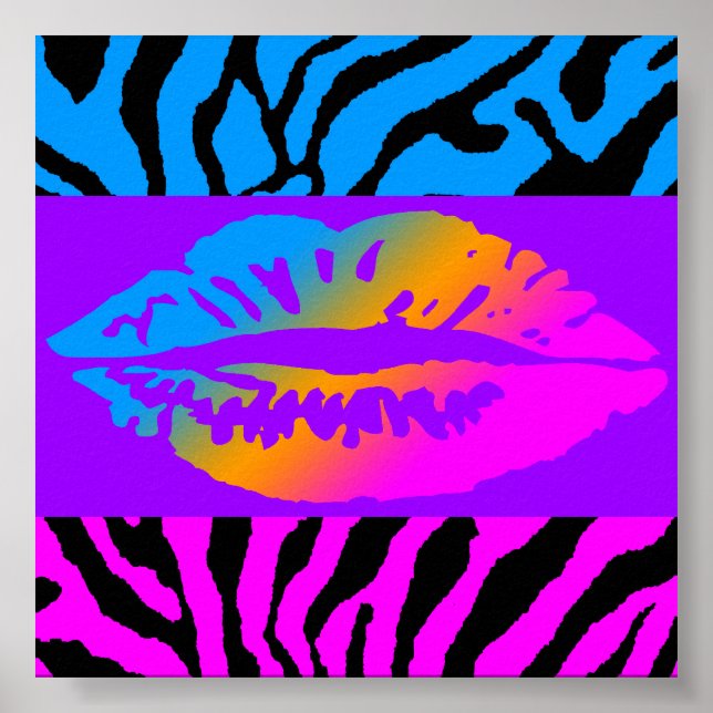 Poster Corey Tiger 80s Retro Neon Lips Tiger Stripes (Devant)