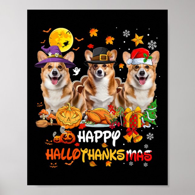 Poster Corgi Chien Joyeux Halloween Thanksgiving Joyeux C (Devant)