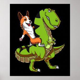 Poster Corgi équitation T-Rex Dinosaur Chien drôle