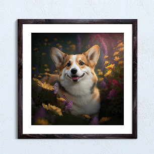 Poster Corgi gallois dans un jardin coloré