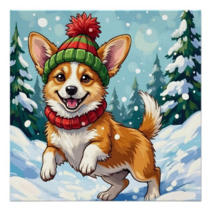 Poster Corgi joyeux bondissant dans la neige avec un pomp