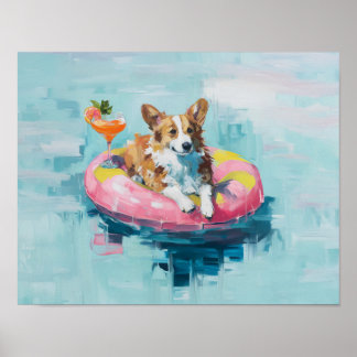 Poster Corgi Pool Float Art Imprimer : Décor Mur de Chien