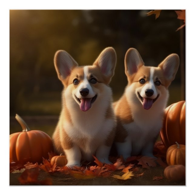 Poster Corgi Puppy Automne Citrouille de plaisir (Devant)