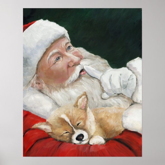 Poster Corgi Puppy et Père Noël Dog Art Print (Devant)