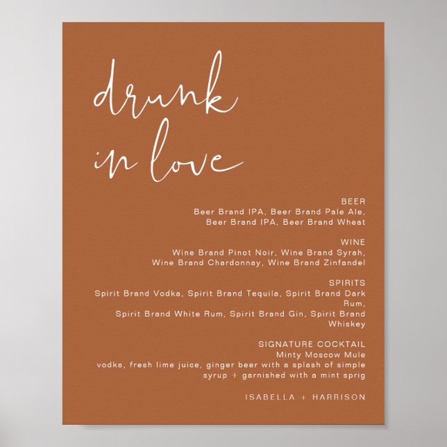 Poster CORIANDER Terracotta Drunin Love Bar Menu Sign (Devant)